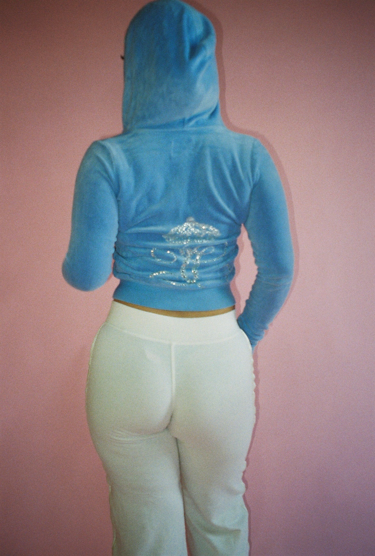 JUICY COUTURE BBY BLUE VELOUR CROPPED ZIP UP